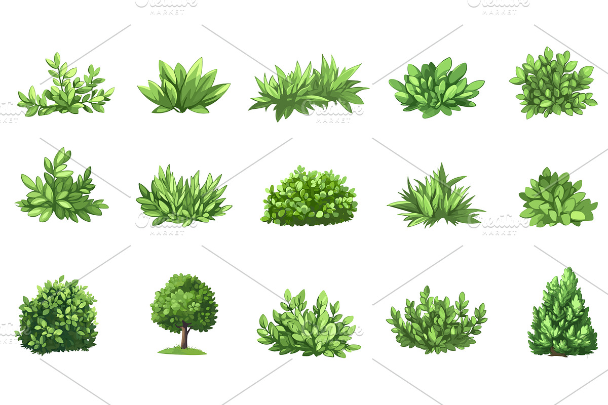 Green bushes set. Green shrubs, an Object Illustration by Valerie Bodnar