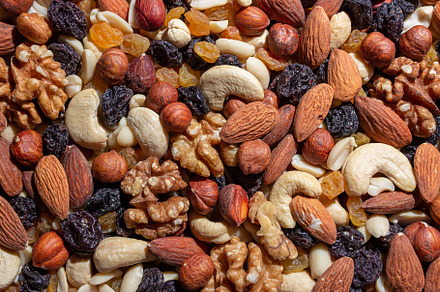Mixed Nuts: Almonds, Walnuts, Cashews, Peanuts, Hazelnuts, Dried Prunes and Rai, a Photo by InfinitumProdux