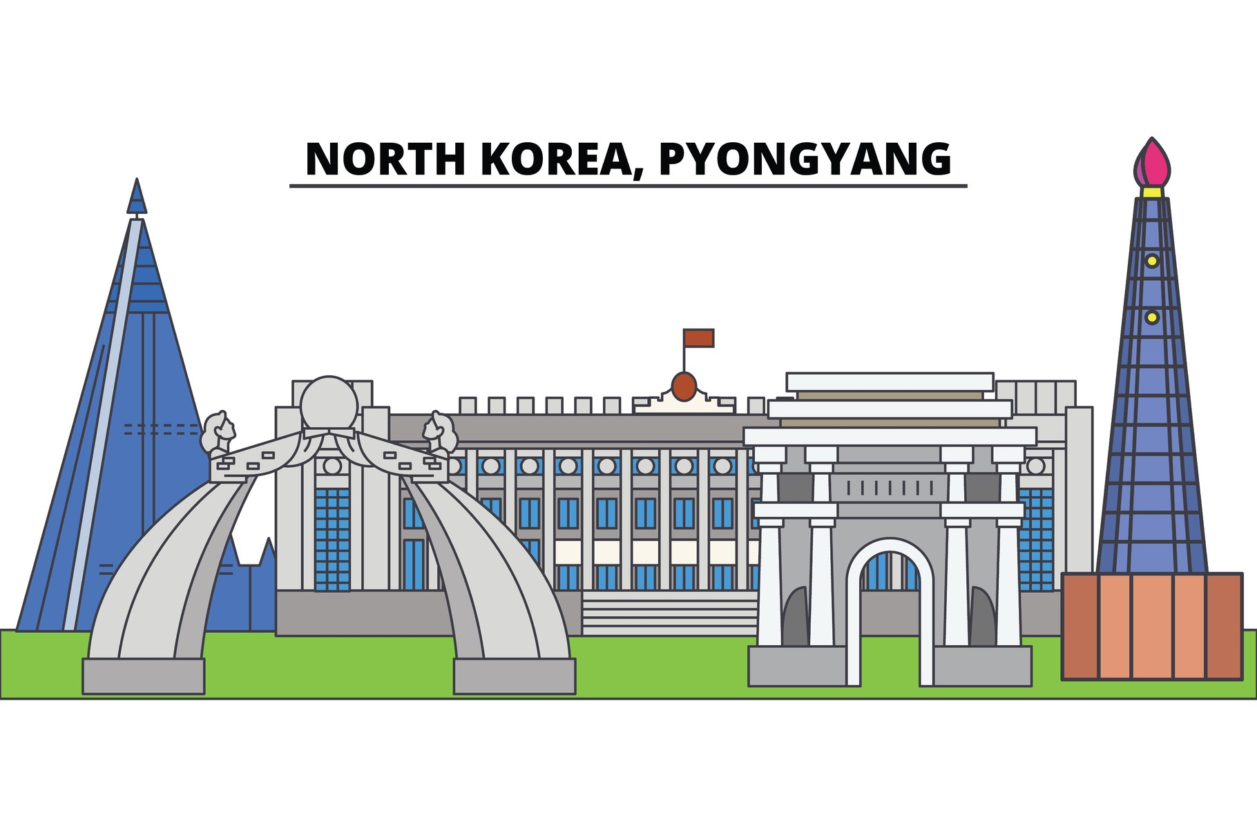 North Korea, Pyongyang. City skyline, architecture, buildings, streets ...