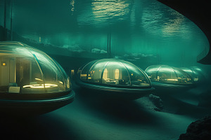 Futuristic underwater hotel rooms with transparent domes, surrounded by serene, an Arts & Entertainment Photo by Textures & Backgrounds