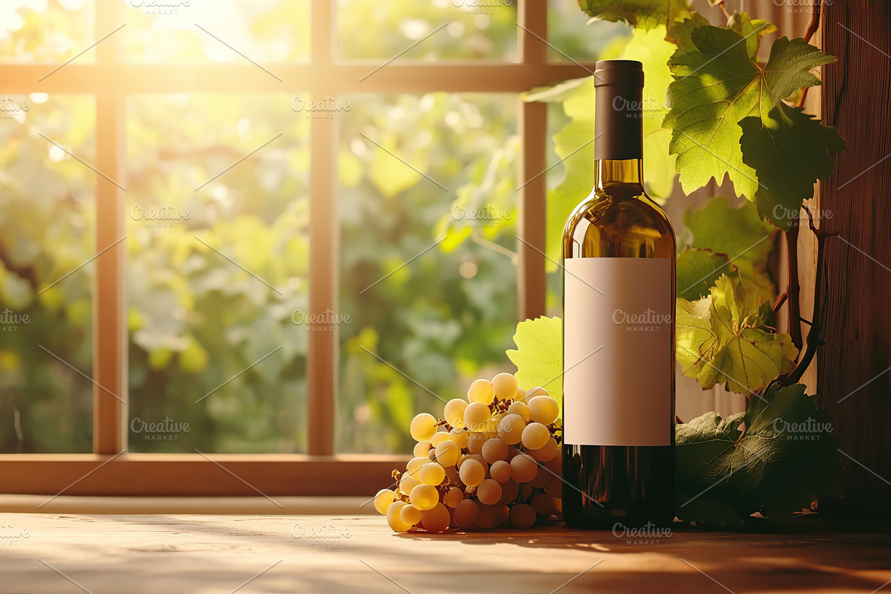 Empty wine bottle beside fresh grapes in a sunlit vineyard setti, a Food & Drink Photo by AlyaAnd