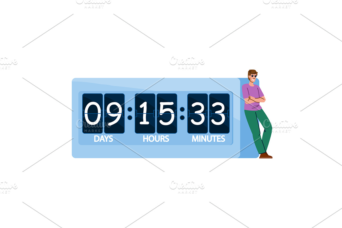 Man leaning on giant countdown timer, a Finance Illustration by pikepicture