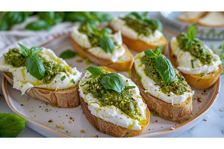 Burrata cheese and pesto crostini on, a Food & Drink Photo by Lermont51