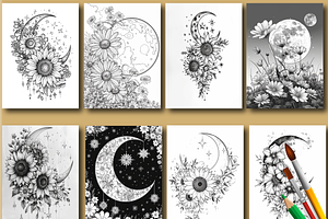 Moon And Flower Coloring Book