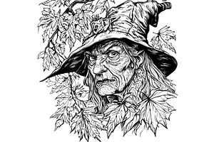 Witch in leaves coloring book page, an Illustration by Valerie Bodnar