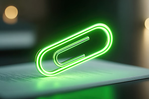 Levitating green paperclip over glowing surface in a softly lit environment, a Photo by AlyaAnd