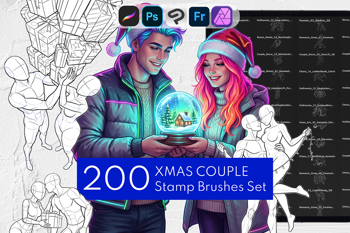 Xmas Couple Procreate Brushes, a Brush Add-On by Selentaori Studio (Photo 1 of 12)
