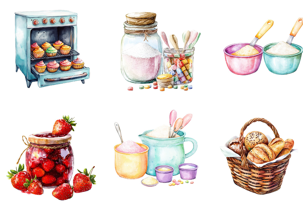 Watercolor Baking Party Clipart, an Illustration by Designking (Photo 3 of 5)