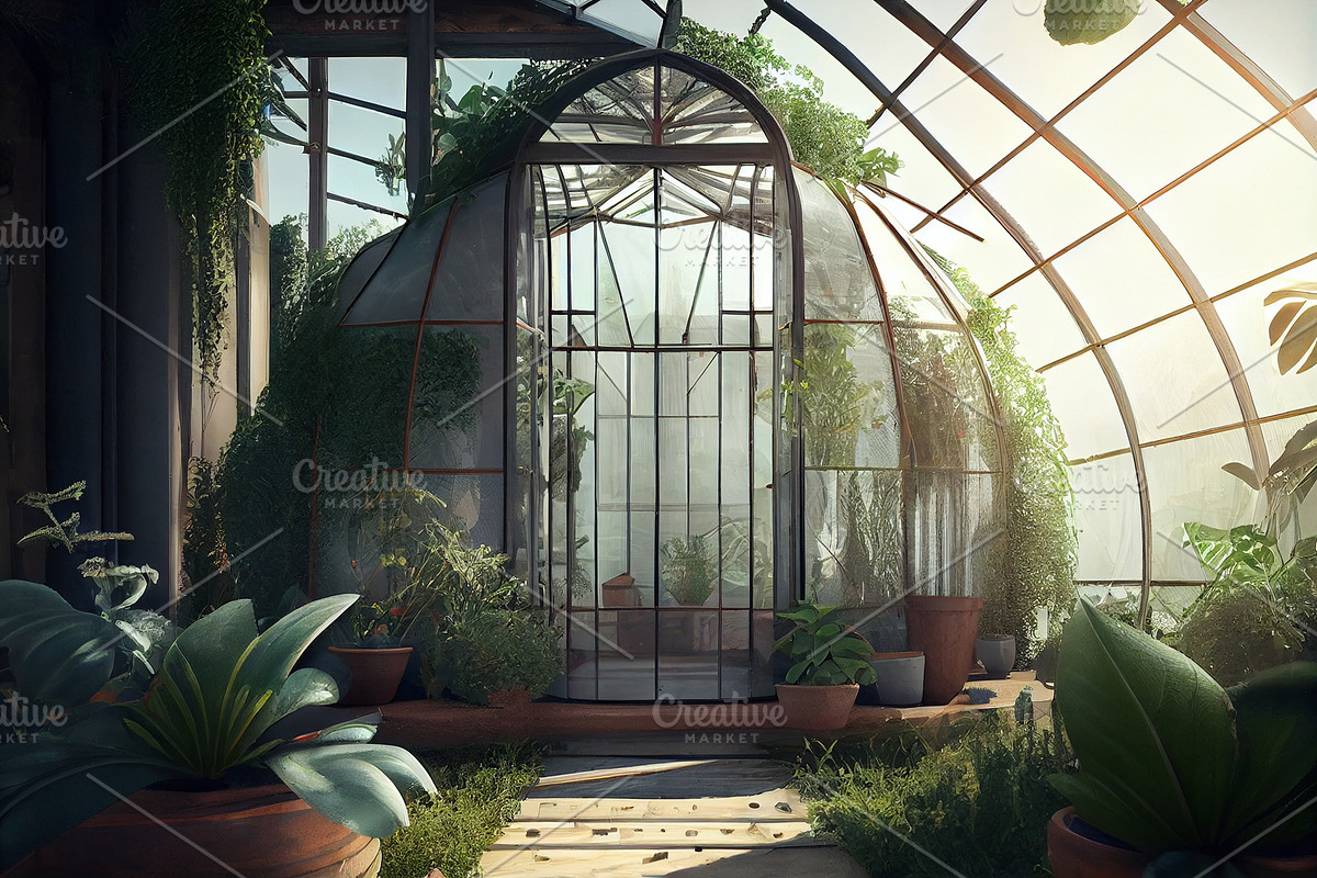Greenhouse eco farm agriculture. Glass green house garden equipment or plants c, a Technology Illustration by Olyryk & Aglo