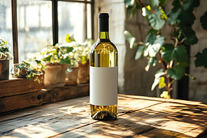 Blank label white wine bottle placed on wooden table near window with plants, a Food & Drink Photo by AlyaAnd