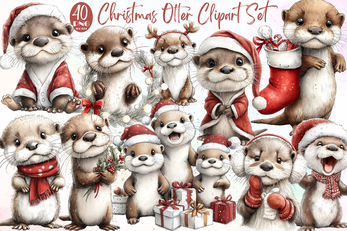Christmas Otter Clipart Set, an Illustration by Sublimation Artist (Photo 1 of 6)
