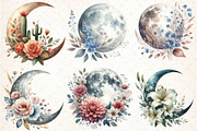 Watercolor Boho Moon Floral Clipart, an Illustration by DreamCafeArt (Thumbnail 2 of 5)