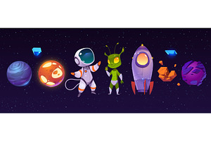 Alien, Planets, Astronaut And Rocket