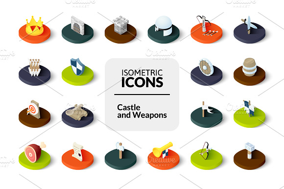 Isometric Icons Castle And Weapons