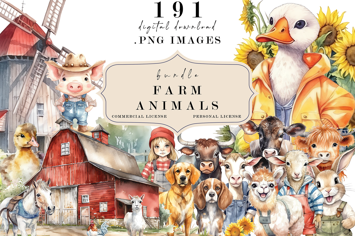 Farm Animals Watercolor Clipart, an Animal Photo by Redwood Digital Art (Photo 2 of 2)