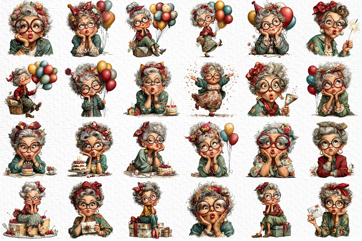 Whimsical Old Lady Birthday Clipart, an Illustration by Craft Nest (Photo 3 of 12)