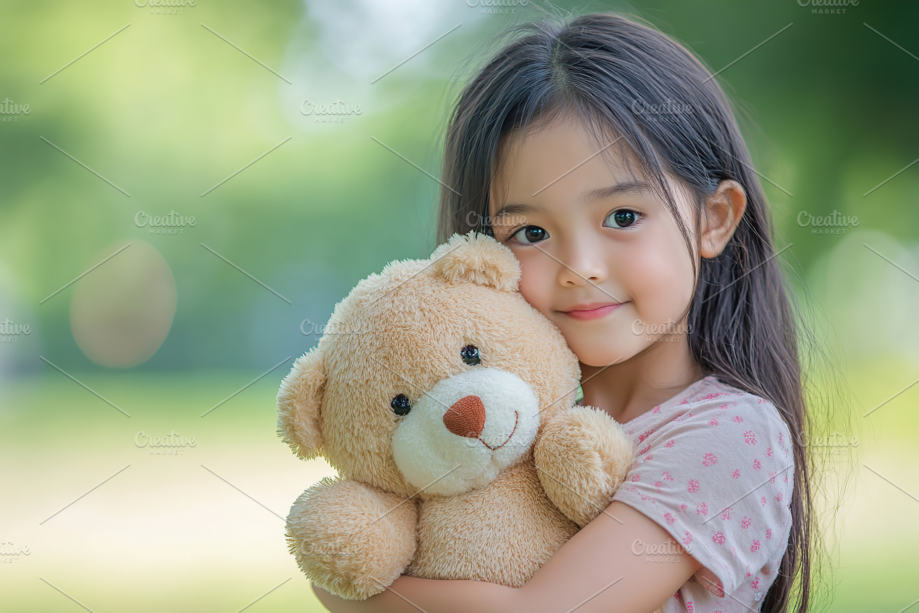 Old asian girl warmly hugging a soft plush bear in a green outdoor environment, a Person Photo by AlyaAnd
