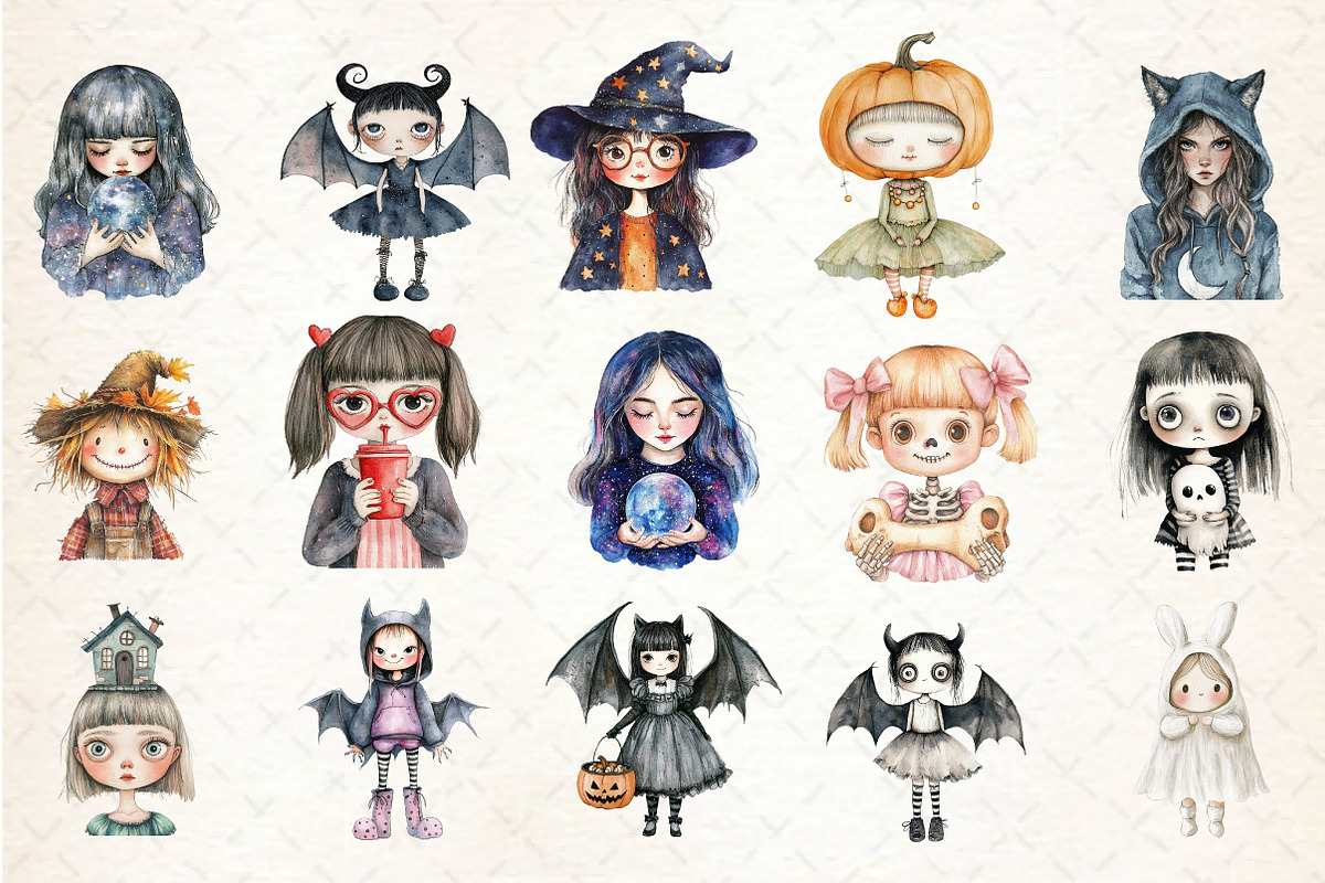 Whimsical Quirky Spooky Girl Clipart, an Illustration by Rose Art (Photo 2 of 7)