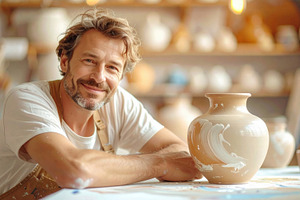 Smiling Middle-Aged Caucasian Potter in Studio, an Arts & Entertainment Photo by Davizro's Market