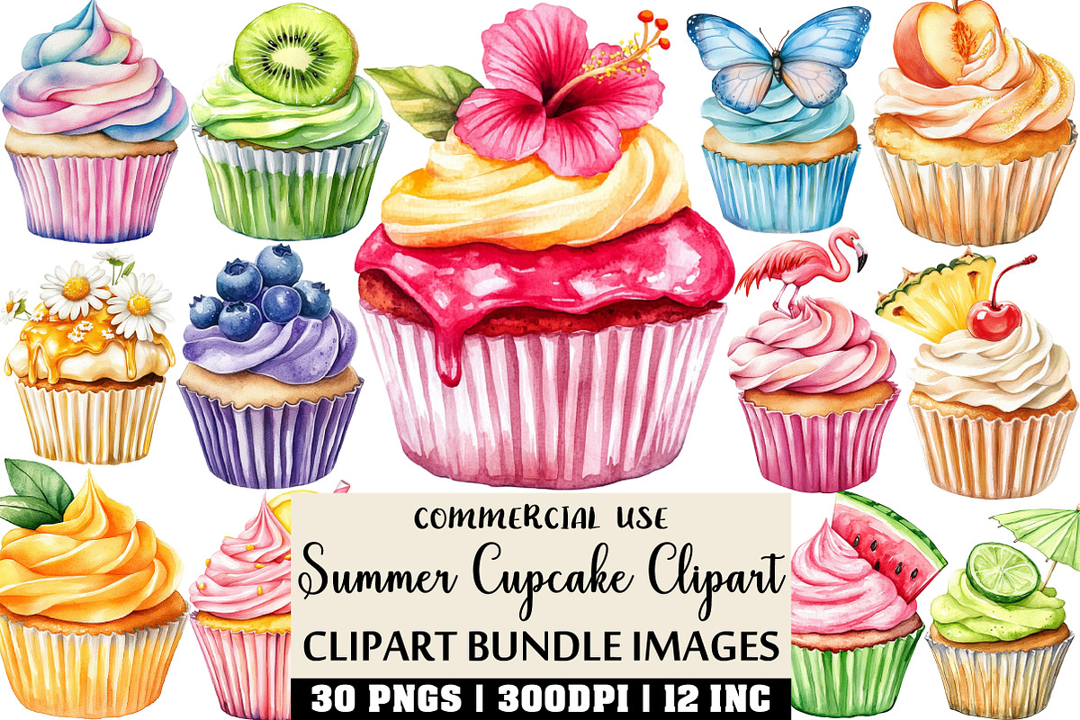 Watercolor Summer Cupcake Clipart, an Illustration by Craft Nest (Photo 1 of 6)