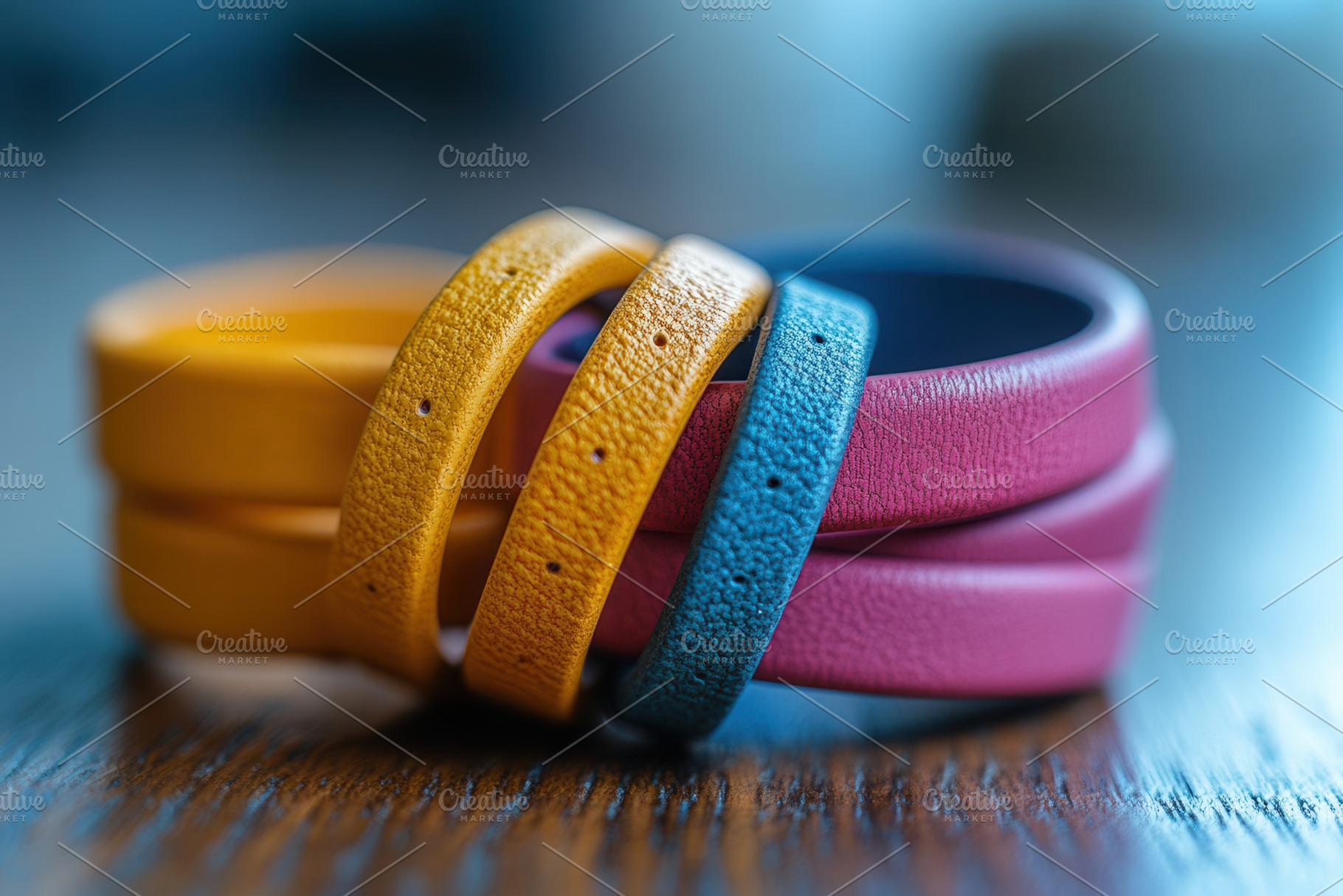 Colorful leather bracelets stacked o, a Photo by Tanuart