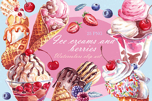 Watercolor ice creams, berries, PNG
