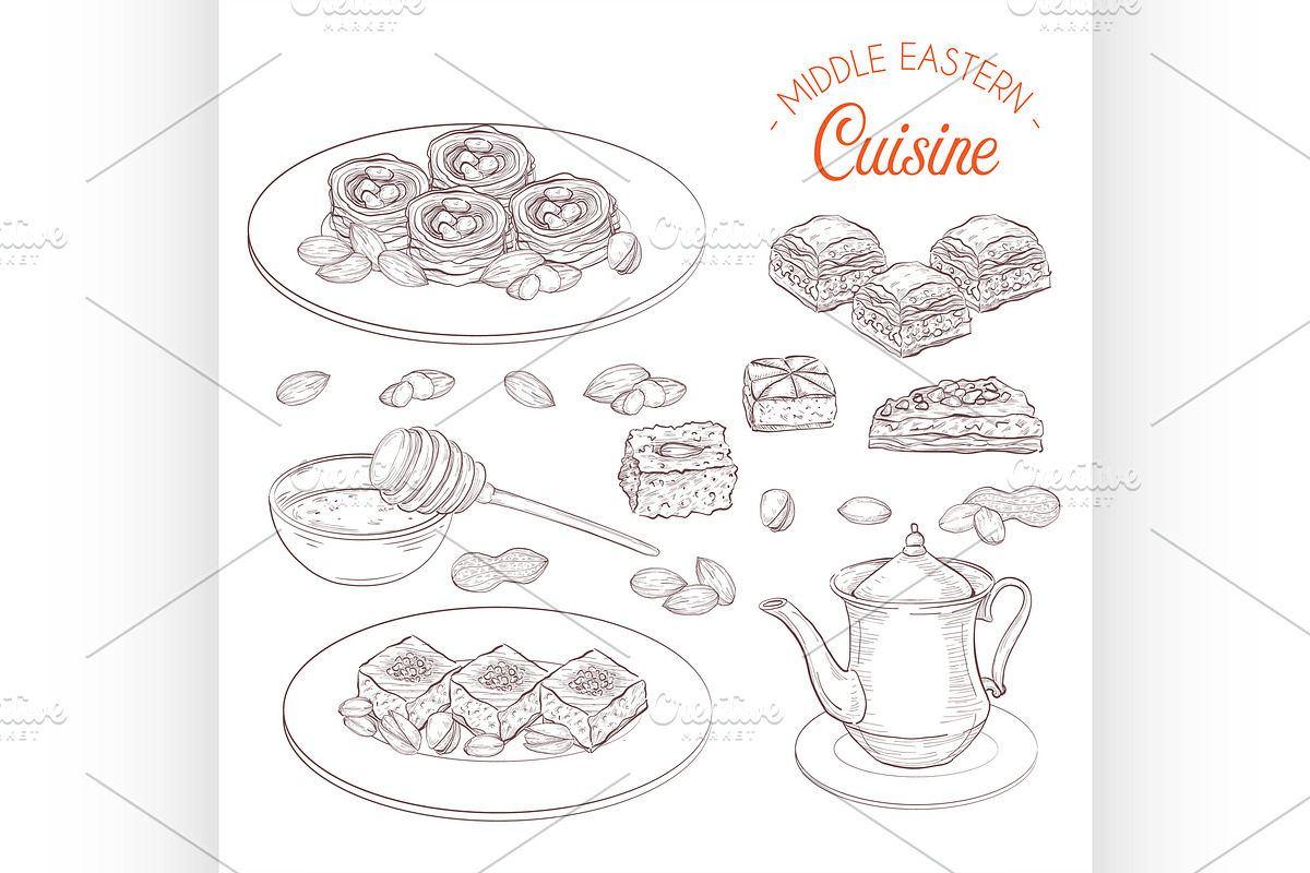 Arabic Food. Middle Eastern sweets a, a Food Illustration by Netkoff