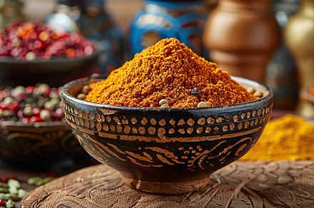 Vibrant curry powder in a bowl with, a Photo by LOGOCREATIVE