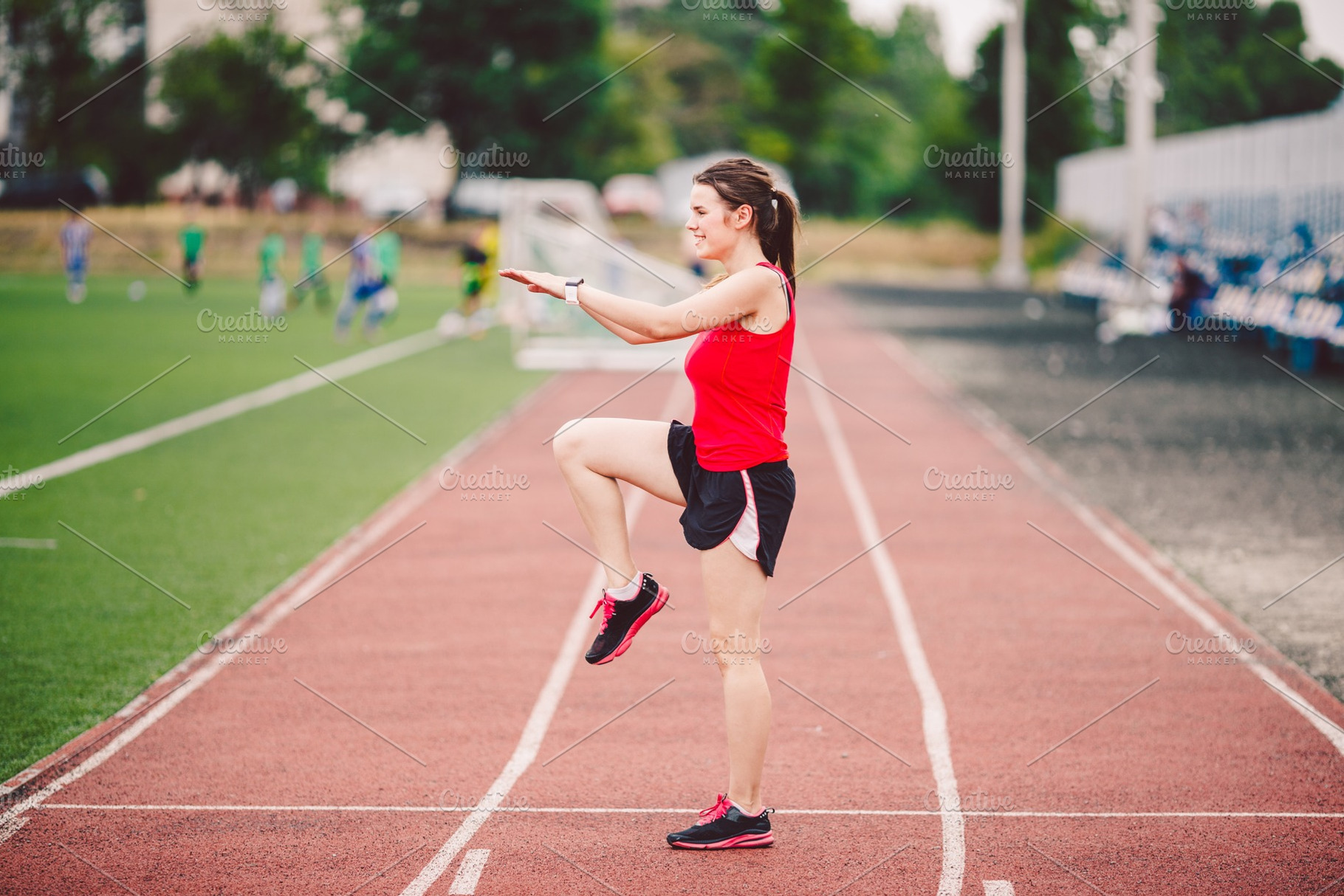 Female athlete preparing legs for containing woman, sport, and cardio ...