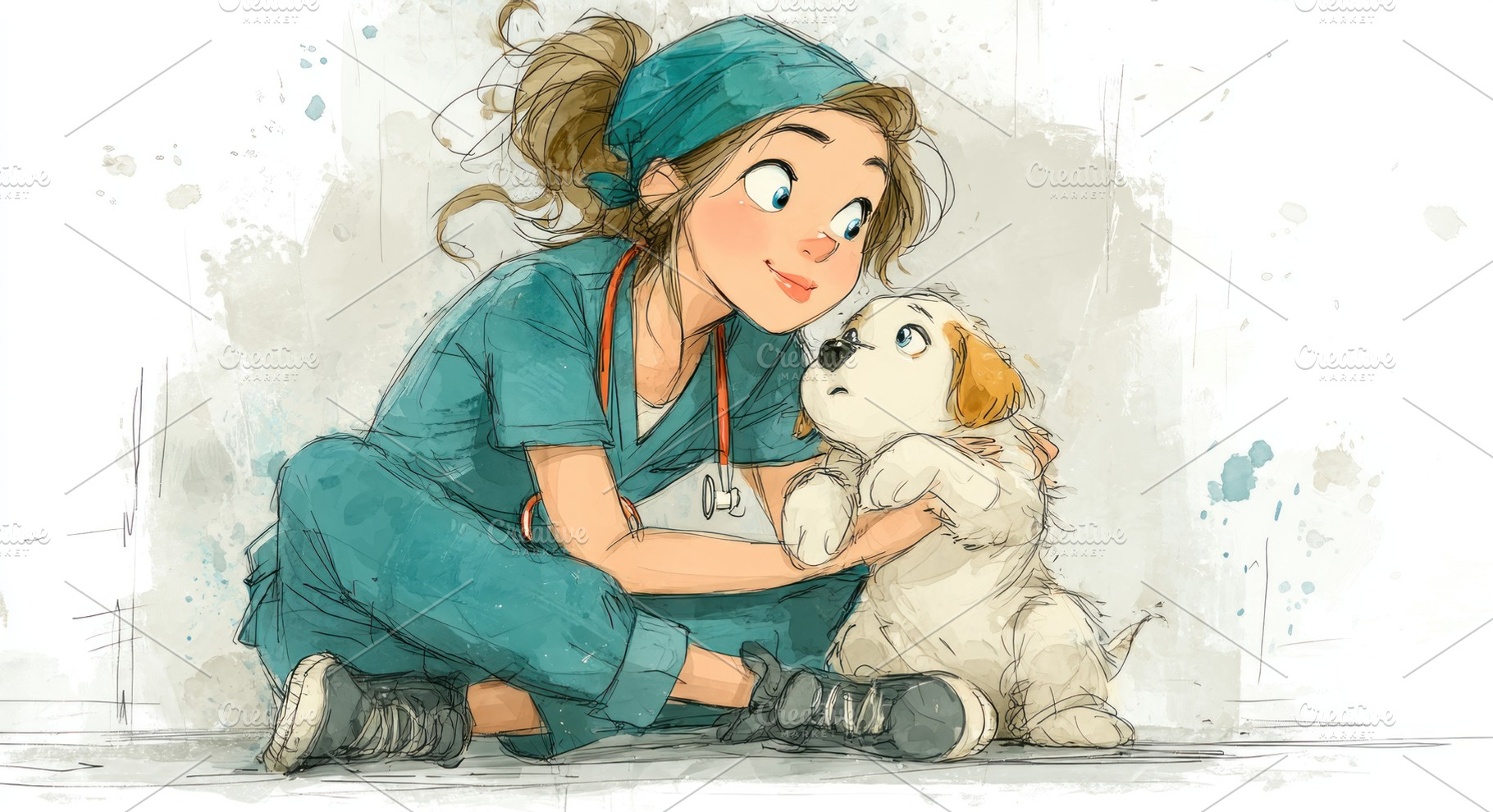 Caring female veterinarian in scrubs comforting cute puppy gentl, an Animal Photo by José Manuel Gelpi