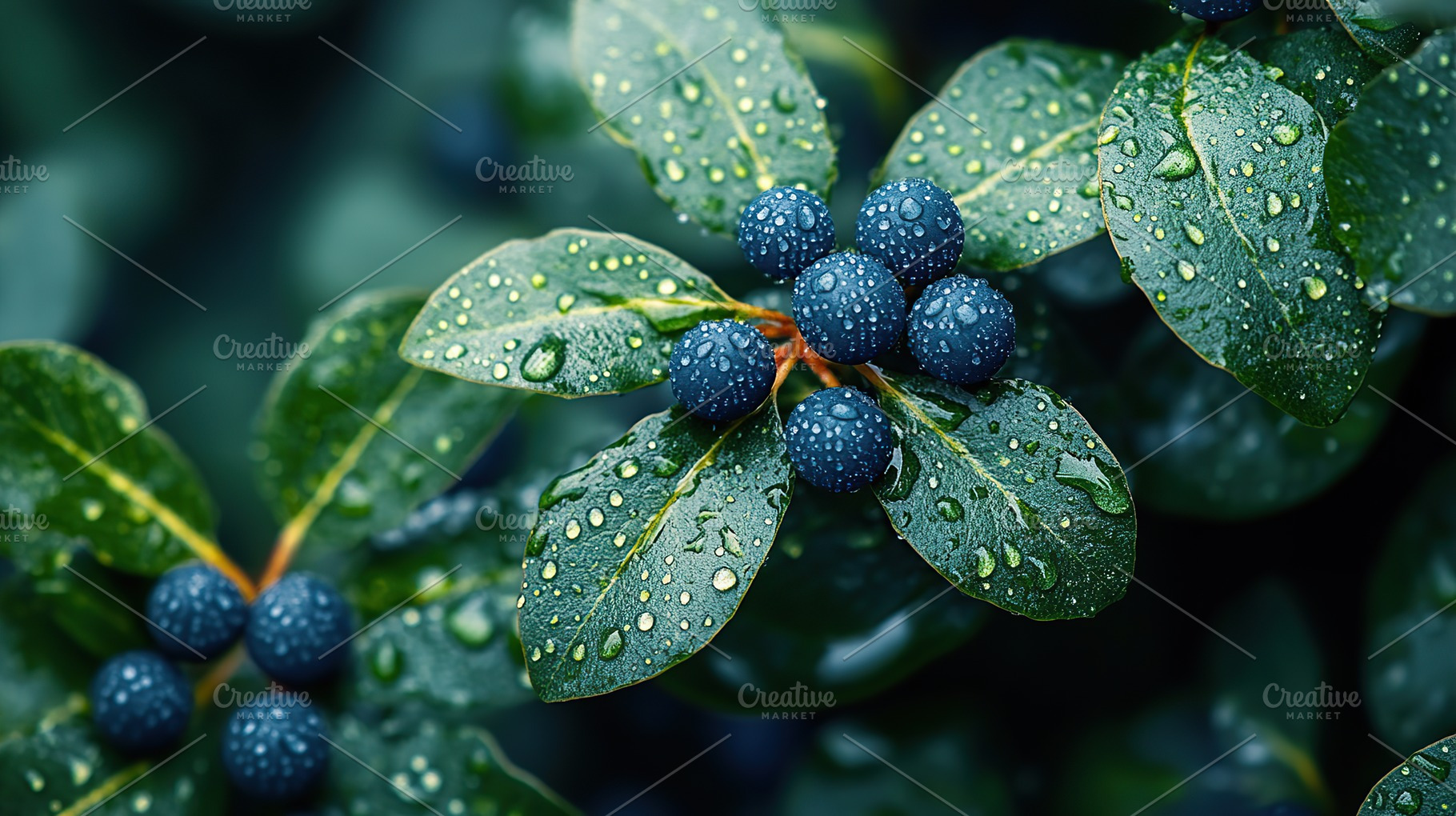 Beautiful blueberries on a branch with green leafs and water drops, a Nature Photo by AlyaAnd