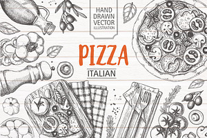 Hand drawn Pizza frame. Ingredients.