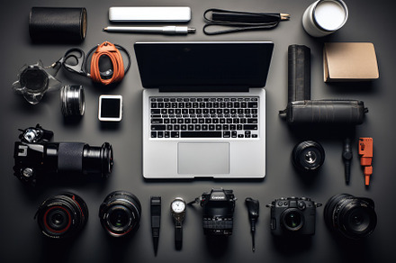 Flat lay photo of photographer equip, a Photo by Iftikhar Alam
