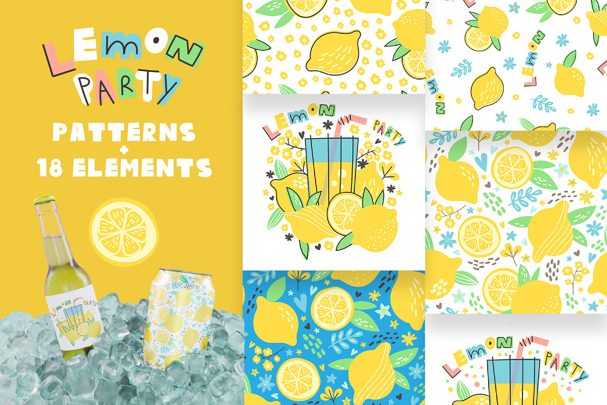 Lemon Party Patterns & Elements, a Food Illustration by KVIO (Photo 1 of 6)
