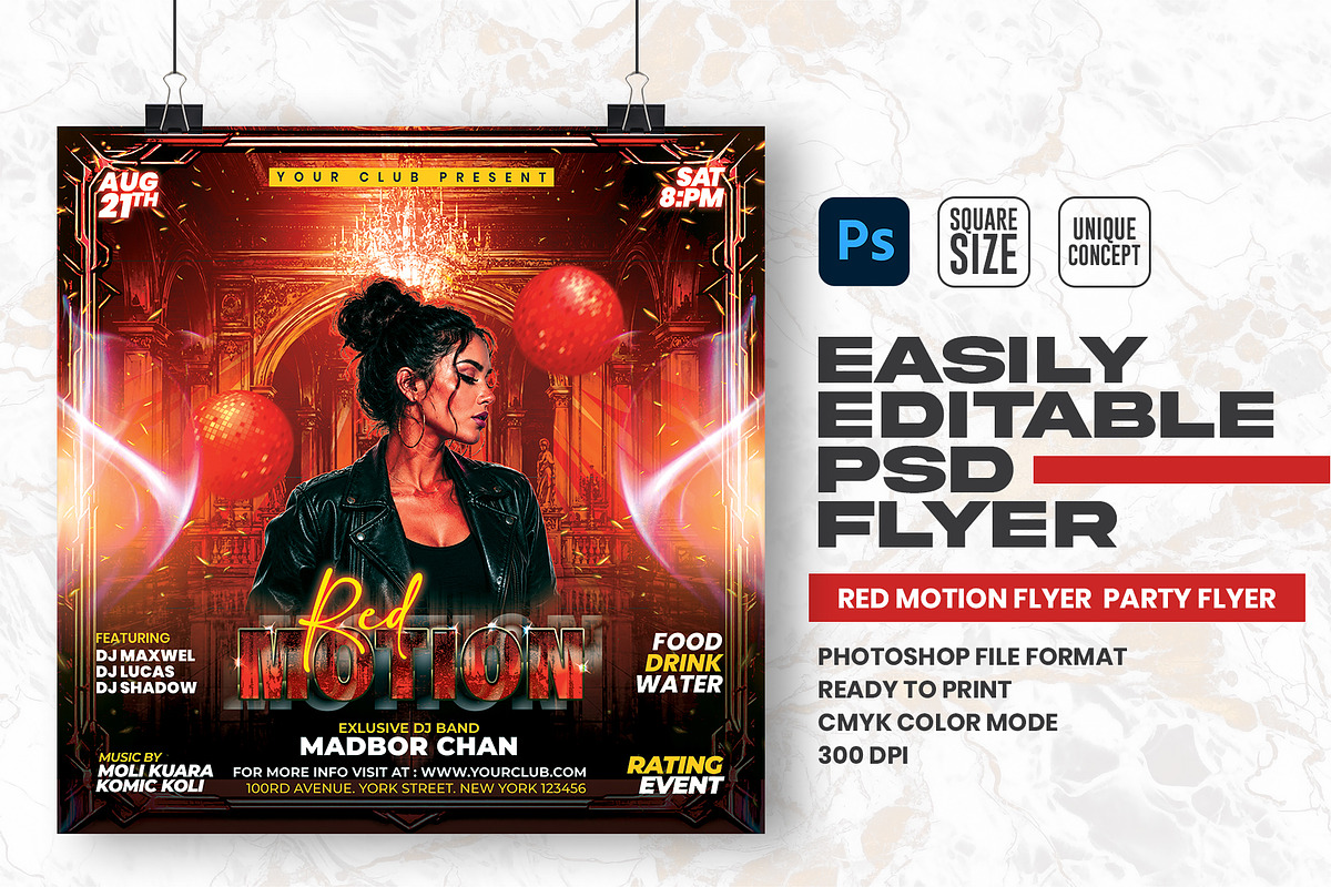Red Motion Party Flyer Design, a Flyer Template by Shajib Shikder (Photo 1 of 2)