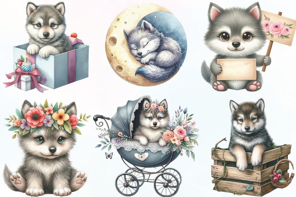 Watercolor Cute Baby Wolf Clipart, an Illustration by CraftArtStudio (Photo 2 of 6)