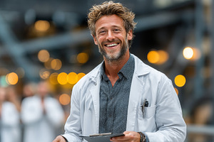 Smiling male doctor holding a clipboard in a modern healthcare f, a Health & Medical Photo by AS photostudio