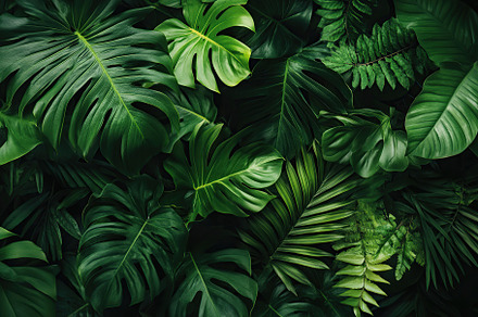 Lush tropical forest leaves create a vibrant green backdrop in a rainforest set, a Nature Photo by AlyaAnd