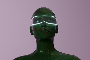 Green circuit humanoid wearing glowing smart visor, a Technology Photo by RF Images