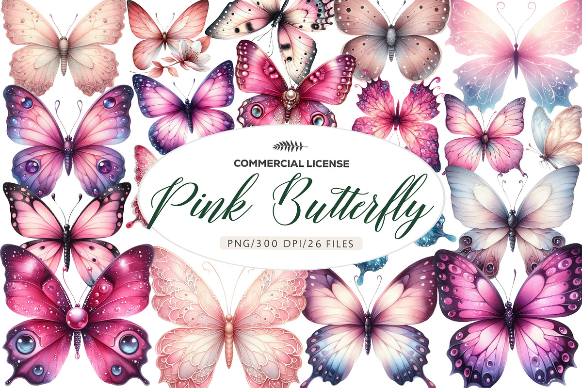 Pink Butterfly Clipart, an Illustration by CreationArt (Photo 1 of 5)