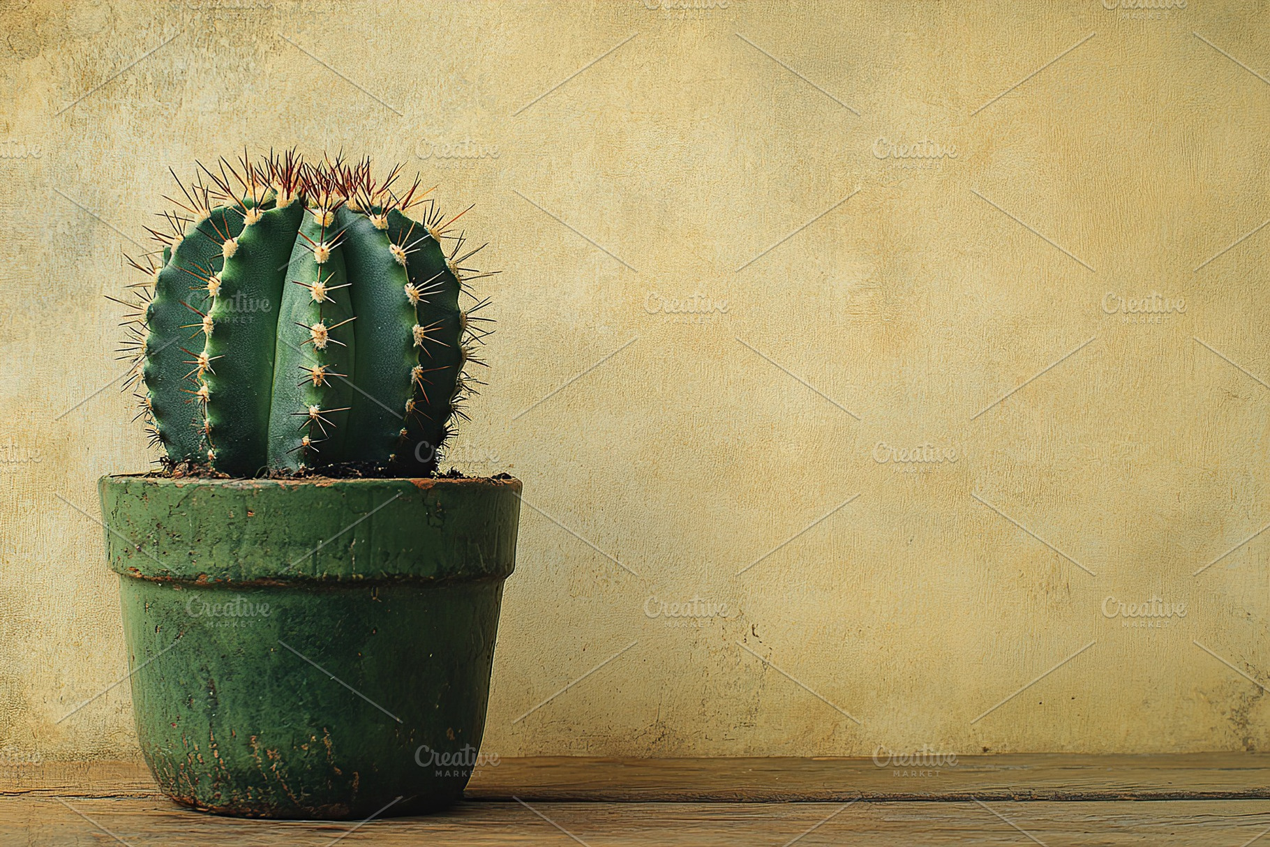 Cactus opuntia in a green pot placed on a wooden surface against a textured wal, a Nature Photo by AlyaAnd