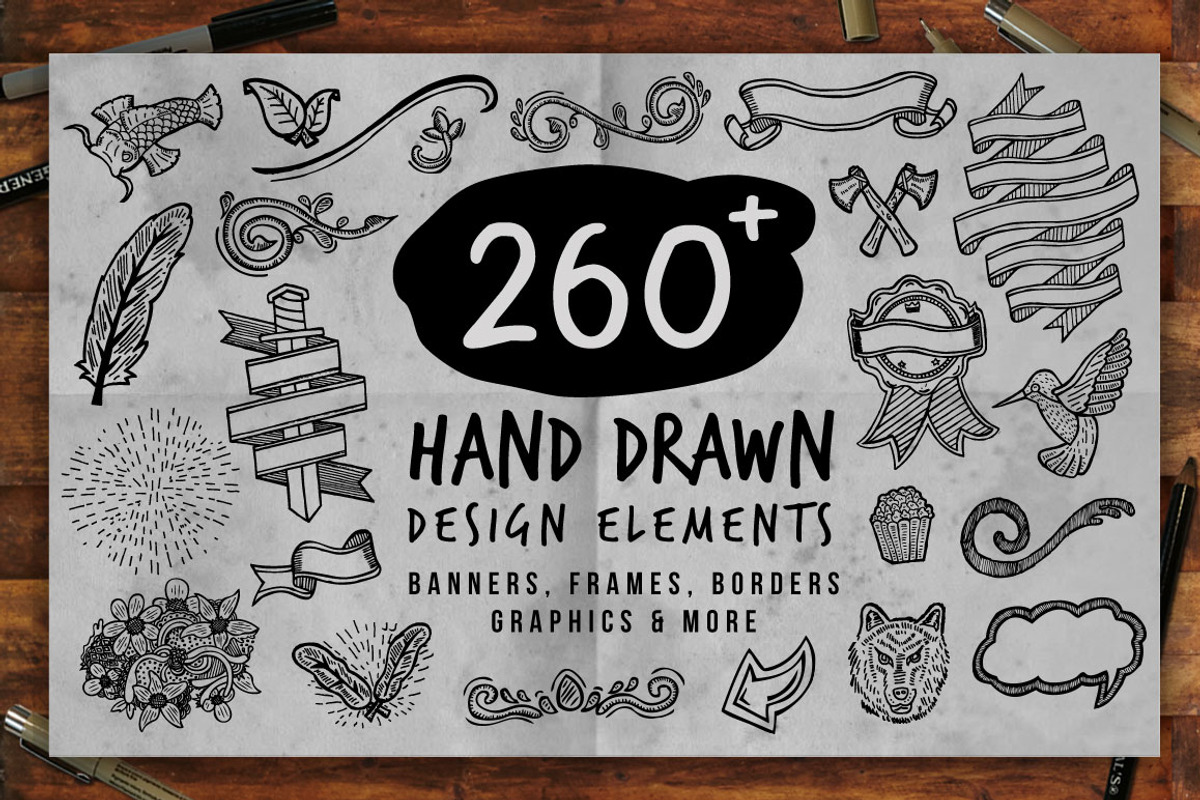 260 + Hand Drawn Design Elements, an Illustration by blimdesigns