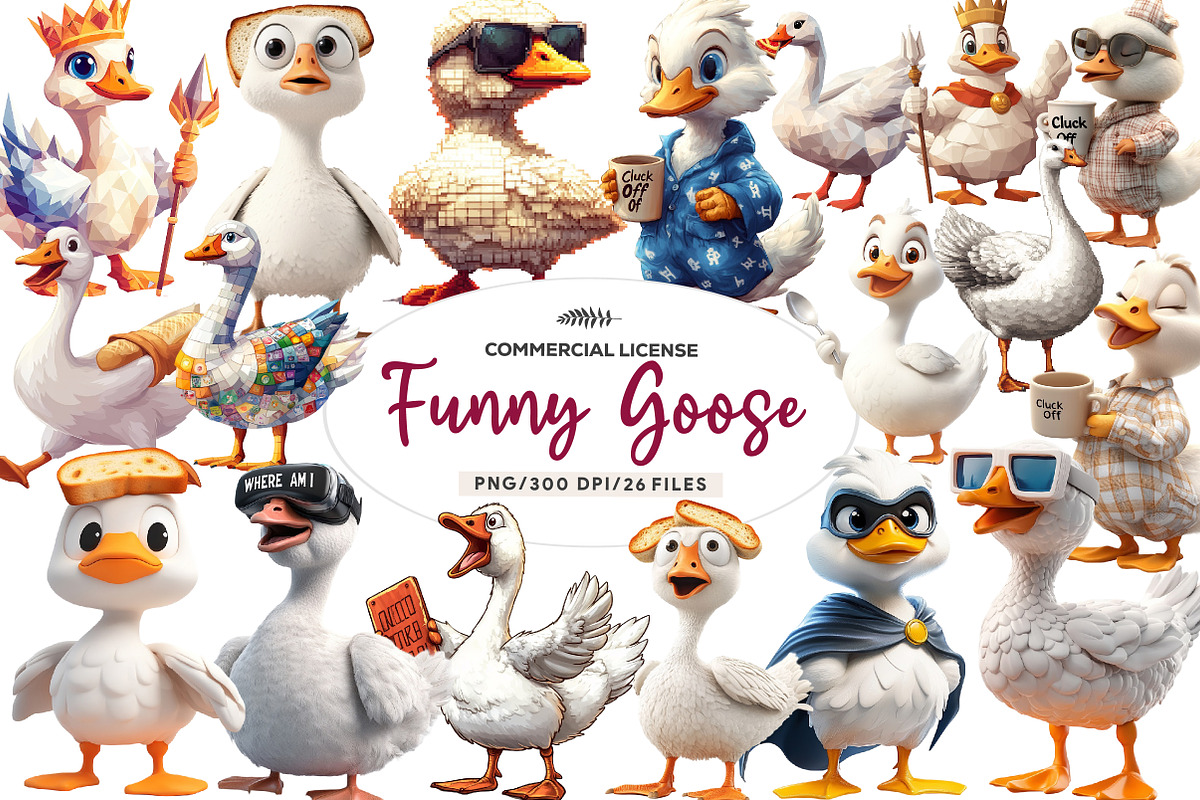 Blocky-Style Funny Goose PNG Bundle, an Illustration by CreationArt (Photo 1 of 9)