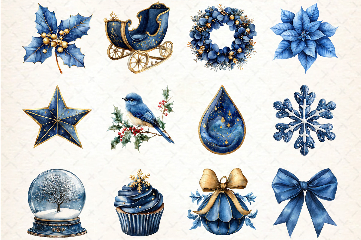 Watercolor Blue Christmas Clipart, an Illustration by DreamCafeArt (Photo 2 of 4)