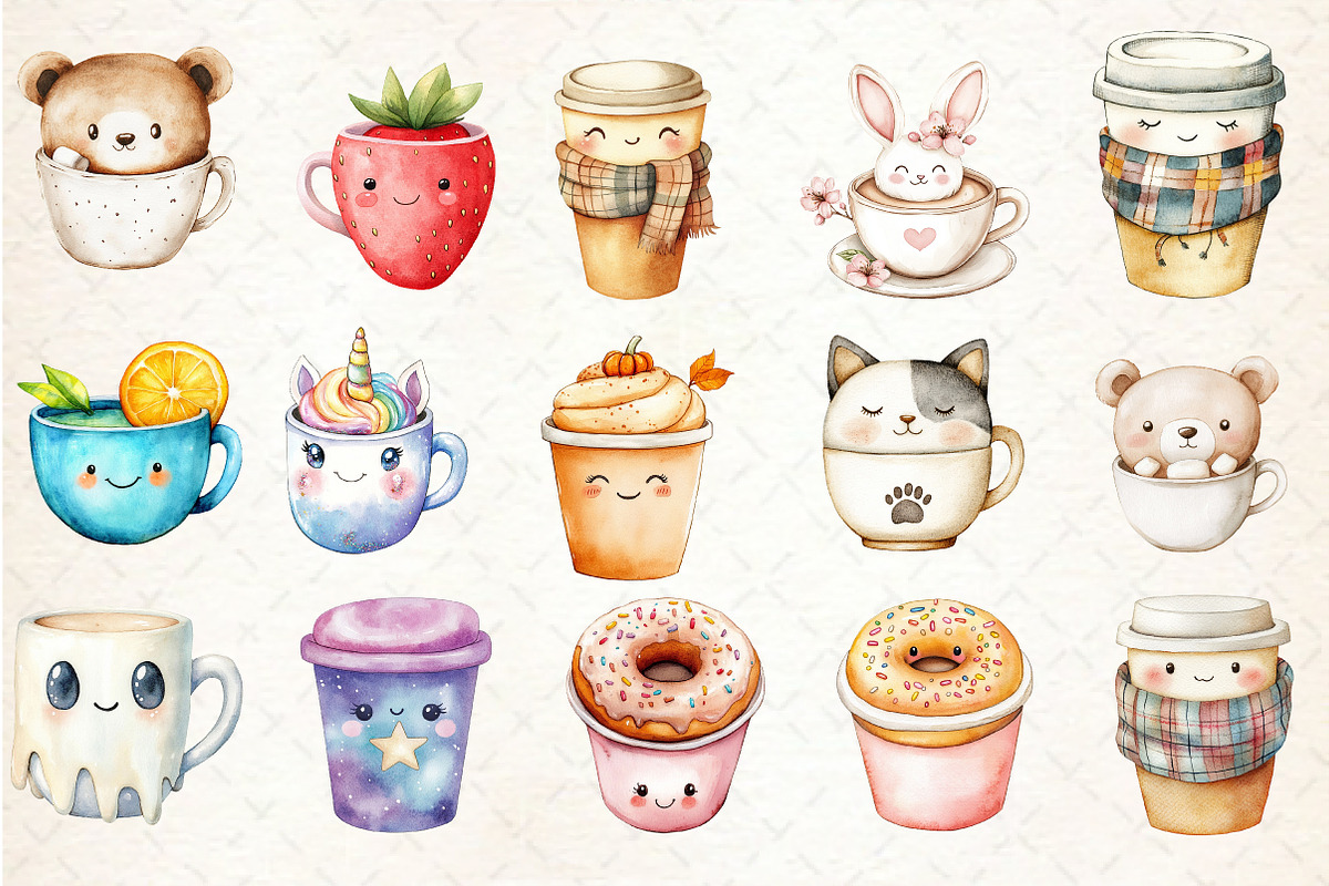 Watercolor Kawaii Coffee Cup Clipart, an Illustration by Rose Art (Photo 2 of 3)