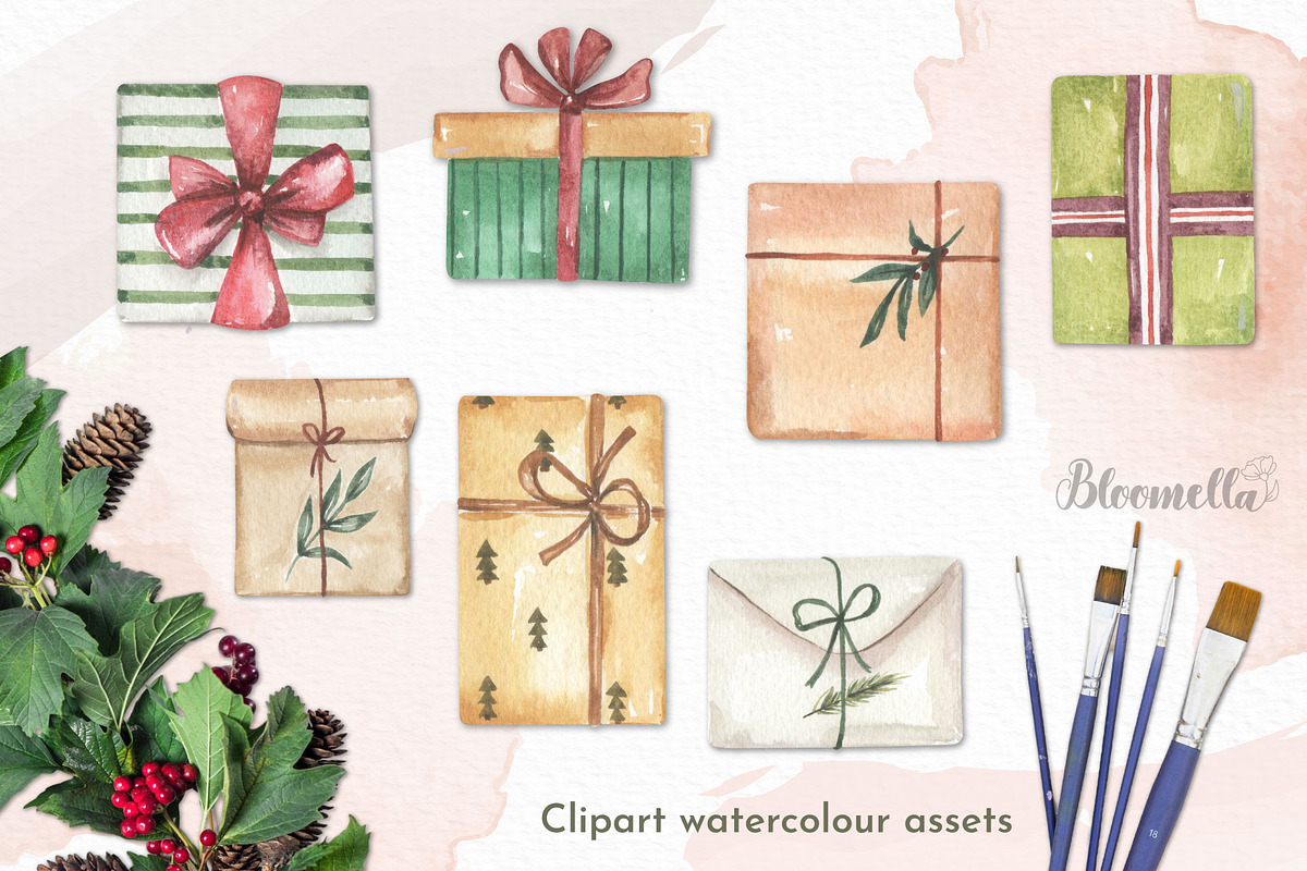 Watercolour Christmas Gifts Presents, an Object Graphic by Bloomella (Photo 2 of 6)