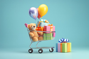 Shopping cart or basket on blue, turquoise background with colorful gift boxes, a Holiday Photo by Lenor4ik