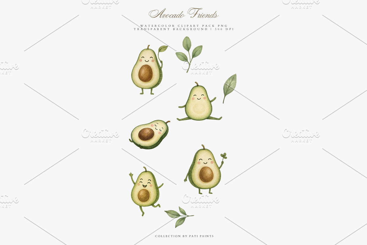Cute Kawaii Avocado Clipart Set, an Illustration by Pati Paints (Photo 4 of 10)