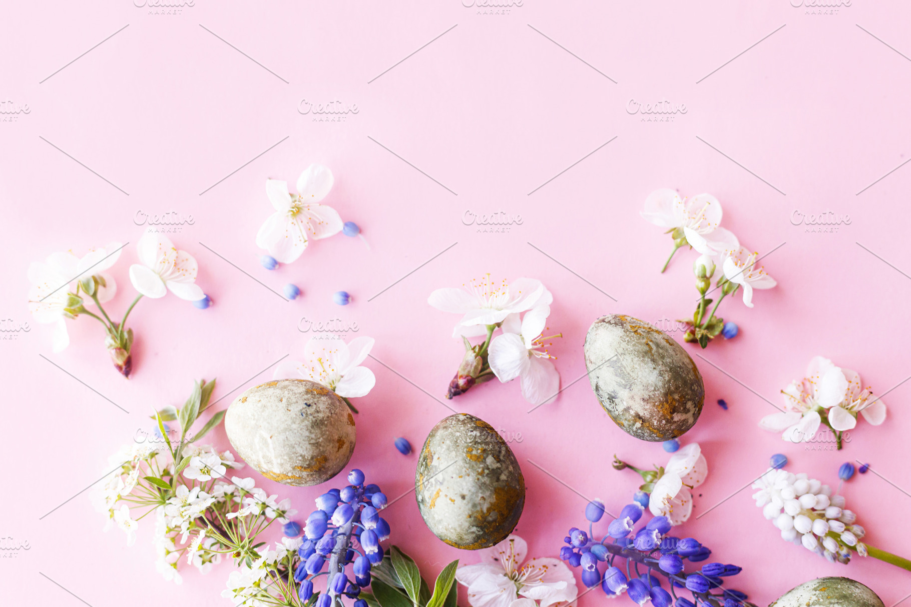 Happy Easter! Easter eggs with cherry blossom flat lay on pink b, a Holiday Photo by Sonjachni