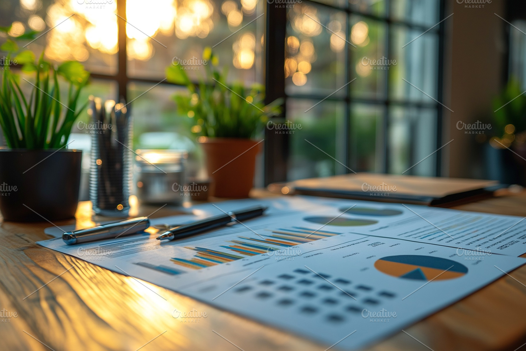 Business data analysis with graphs and charts in a warm, sunlit office setting., a Background Photo by ImageMir